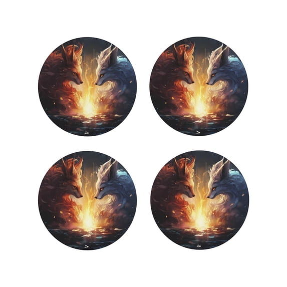 KLL Drink Coasters Set Round Shape of 4,PU Leather Absorbent Coasters Set Decorative Coffee Cup Coasters Housewarming Gift for Home Decor-Red And White Flame Fox