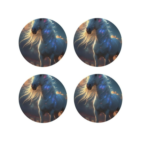KLL Drink Coasters Set Round Shape of 4,PU Leather Absorbent Coasters Set Decorative Coffee Cup Coasters Housewarming Gift for Home Decor-Starry Light White Horse