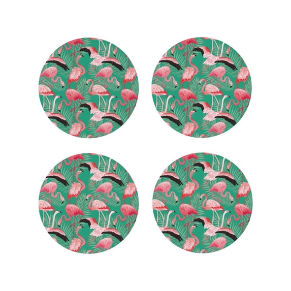 KLL Drink Coasters Set Round Shape of 4,PU Leather Absorbent Coasters Set Decorative Coffee Cup Coasters Housewarming Gift for Home Decor-Tropical Flamingo