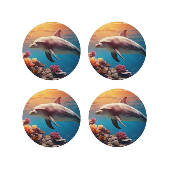 KLL Drink Coasters Set Round Shape of 4,PU Leather Absorbent Coasters Set Decorative Coffee Cup Coasters Housewarming Gift for Home Decor-Underwater Plant Dolphin