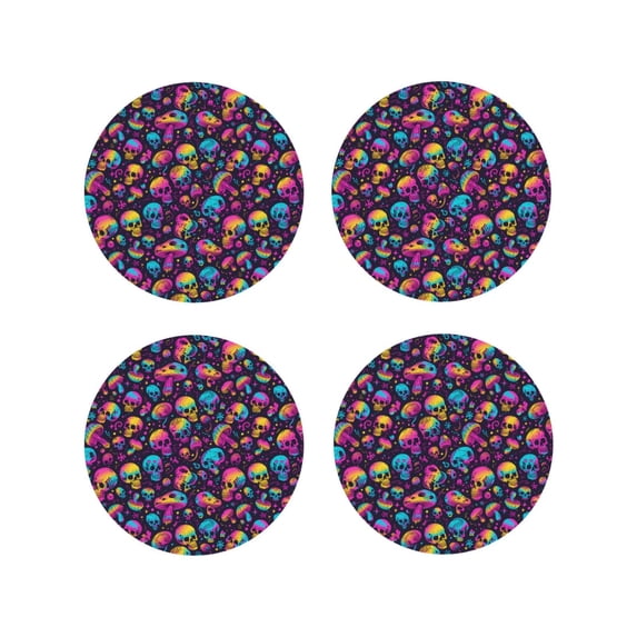 KLL Drink Coasters Set Round Shape of 4,PU Leather Absorbent Coasters Set Decorative Coffee Cup Coasters Housewarming Gift for Home Decor-rainbow color mushroom Skull