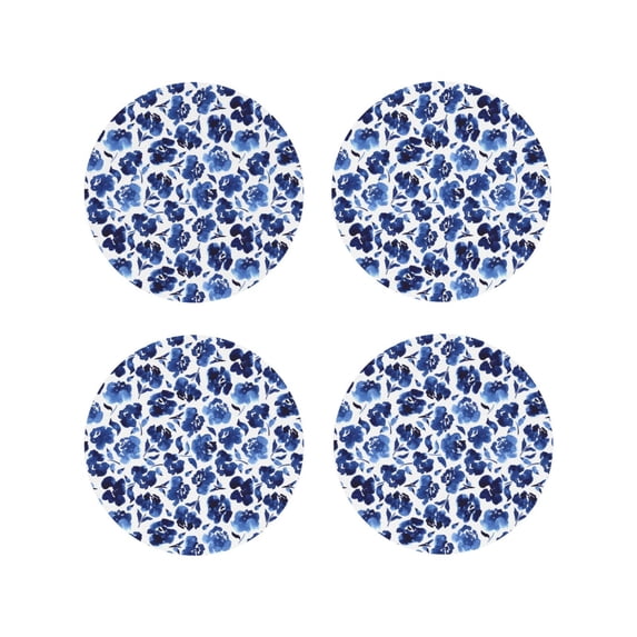 KLL Drink Coasters Set Round Shape of 4,PU Leather Absorbent Coasters Set Decorative Coffee Cup Coasters Housewarming Gift for Home Decor-Blue Roses