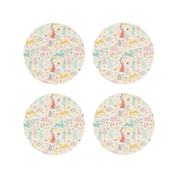 KLL Drink Coasters Set Round Shape of 4,PU Leather Absorbent Coasters Set Decorative Coffee Cup Coasters Housewarming Gift for Home Decor-Fall Rabbit