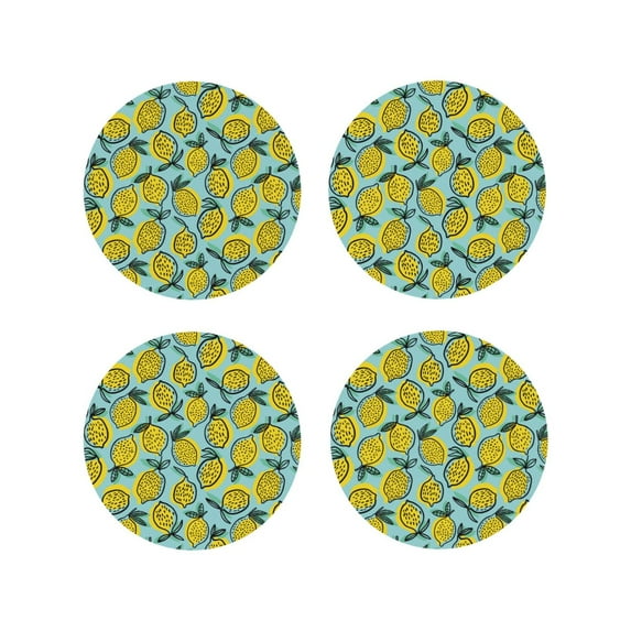 KLL Drink Coasters Set Round Shape of 4,PU Leather Absorbent Coasters Set Decorative Coffee Cup Coasters Housewarming Gift for Home Decor-Lemon