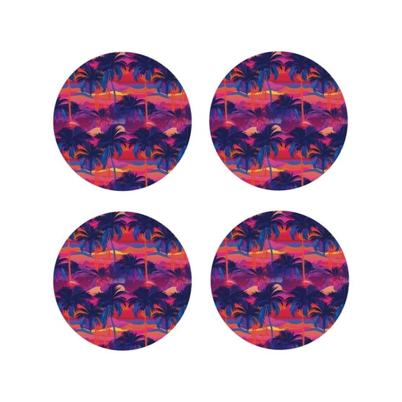 KLL Drink Coasters Set Round Shape of 4,PU Leather Absorbent Coasters Set Decorative Coffee Cup Coasters Housewarming Gift for Home Decor-Retro Palms