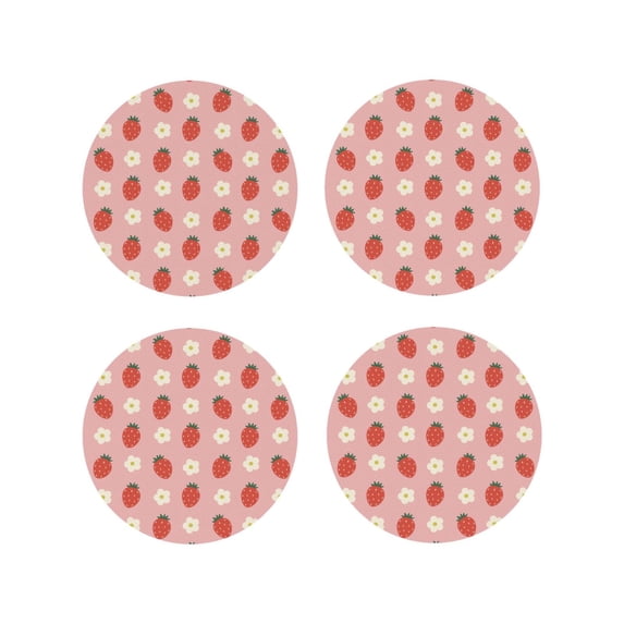 KLL Drink Coasters Set Round Shape of 4,PU Leather Absorbent Coasters Set Decorative Coffee Cup Coasters Housewarming Gift for Home Decor-Strawberry