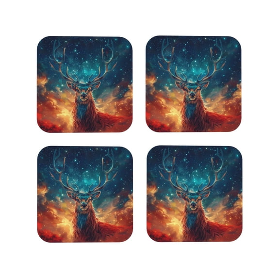 KLL Drink Coasters Set Square of 4,PU Leather Absorbent Coasters Set Decorative Coffee Cup Coasters Housewarming Gift for Home Decor-Celestial Stag Cosmic Glow