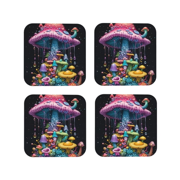 KLL Drink Coasters Set Square of 4,PU Leather Absorbent Coasters Set Decorative Coffee Cup Coasters Housewarming Gift for Home Decor-Colorful Mushroom
