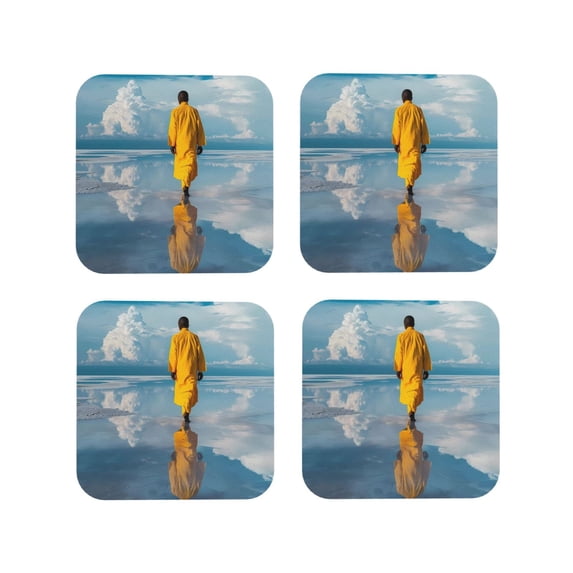 KLL Drink Coasters Set Square of 4,PU Leather Absorbent Coasters Set Decorative Coffee Cup Coasters Housewarming Gift for Home Decor-Monk Walking On Water