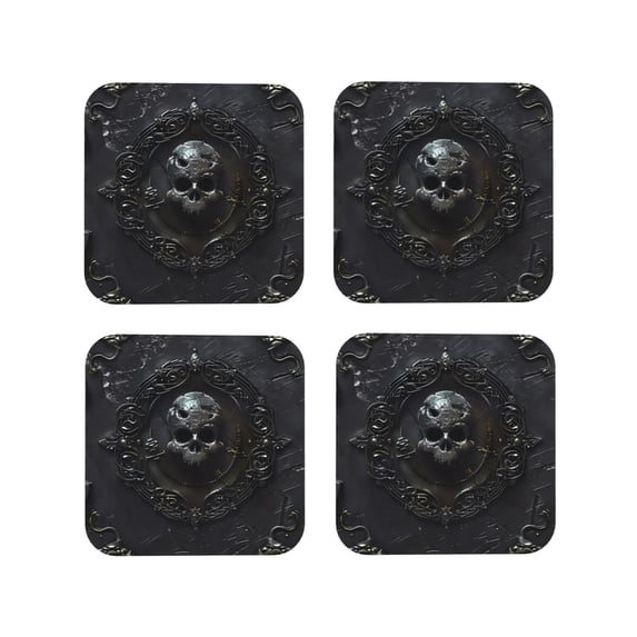 KLL Drink Coasters Set Square of 4,PU Leather Absorbent Coasters Set Decorative Coffee Cup Coasters Housewarming Gift for Home Decor-Ornate Dark Skull Book