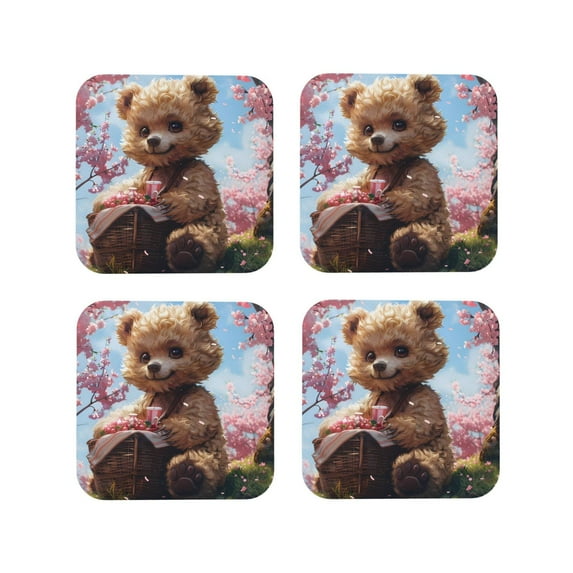 KLL Drink Coasters Set Square of 4,PU Leather Absorbent Coasters Set Decorative Coffee Cup Coasters Housewarming Gift for Home Decor-Romantic Floral Bear
