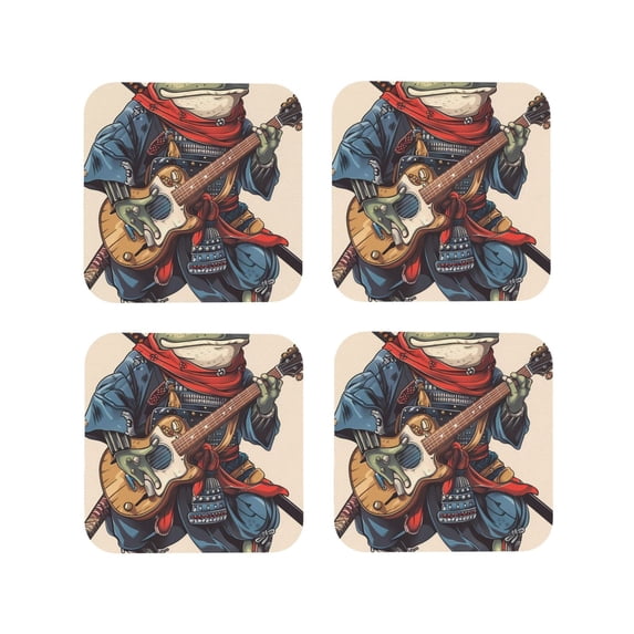 KLL Drink Coasters Set Square of 4,PU Leather Absorbent Coasters Set Decorative Coffee Cup Coasters Housewarming Gift for Home Decor-Samurai Frog Guitar