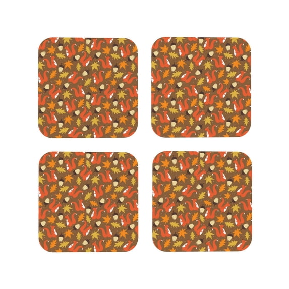 KLL Drink Coasters Set Square of 4,PU Leather Absorbent Coasters Set Decorative Coffee Cup Coasters Housewarming Gift for Home Decor-Squirrel Maple pine nut