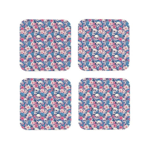 KLL Drink Coasters Set Square of 4,PU Leather Absorbent Coasters Set Decorative Coffee Cup Coasters Housewarming Gift for Home Decor-white flower Skull blue