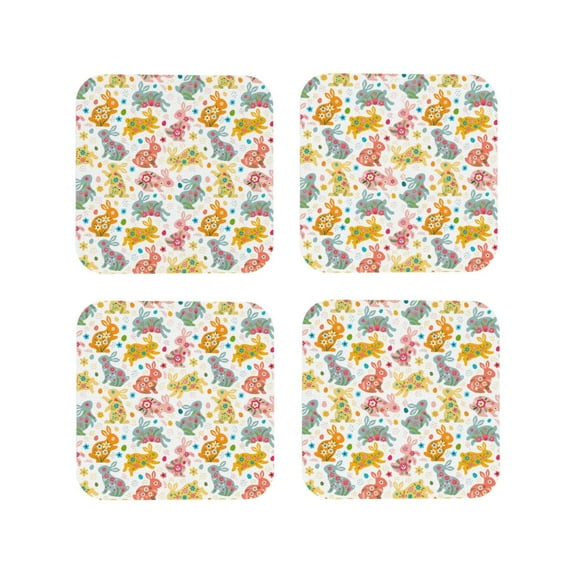 KLL Drink Coasters Set Square of 4,PU Leather Absorbent Coasters Set Decorative Coffee Cup Coasters Housewarming Gift for Home Decor-Boho Bunny