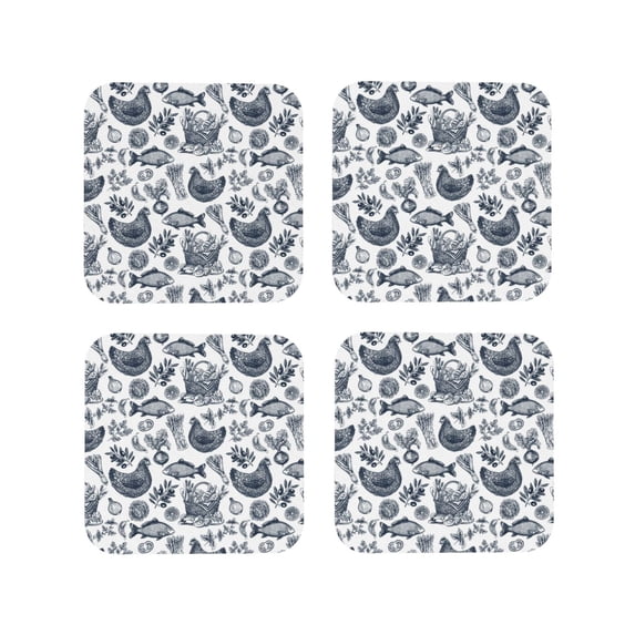 KLL Drink Coasters Set Square of 4,PU Leather Absorbent Coasters Set Decorative Coffee Cup Coasters Housewarming Gift for Home Decor-Chicken And Fish
