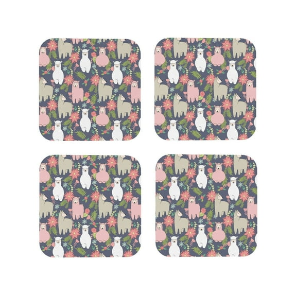 KLL Drink Coasters Set Square of 4,PU Leather Absorbent Coasters Set Decorative Coffee Cup Coasters Housewarming Gift for Home Decor-Llamas