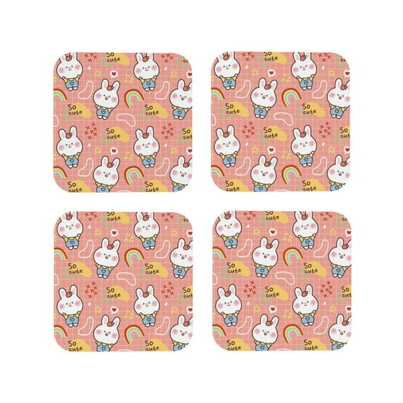 KLL Drink Coasters Set Square of 4,PU Leather Absorbent Coasters Set Decorative Coffee Cup Coasters Housewarming Gift for Home Decor-Rabbit So Cute