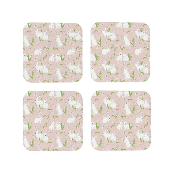 KLL Drink Coasters Set Square of 4,PU Leather Absorbent Coasters Set Decorative Coffee Cup Coasters Housewarming Gift for Home Decor-Rabbit