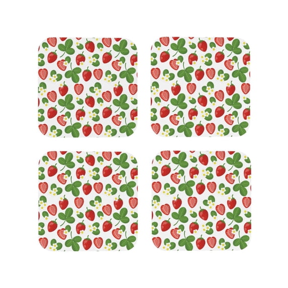 KLL Drink Coasters Set Square of 4,PU Leather Absorbent Coasters Set Decorative Coffee Cup Coasters Housewarming Gift for Home Decor-Strawberry