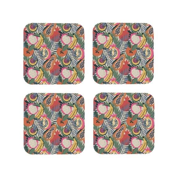 KLL Drink Coasters Set Square of 4,PU Leather Absorbent Coasters Set Decorative Coffee Cup Coasters Housewarming Gift for Home Decor-Tropical Fruit