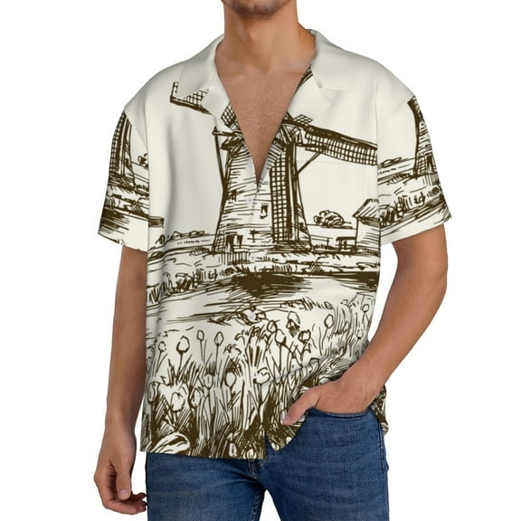 KLL Dutch Windmill Print Men's Shirt Short Sleeve Button Down Summer Cuba Beach Shirts- Small