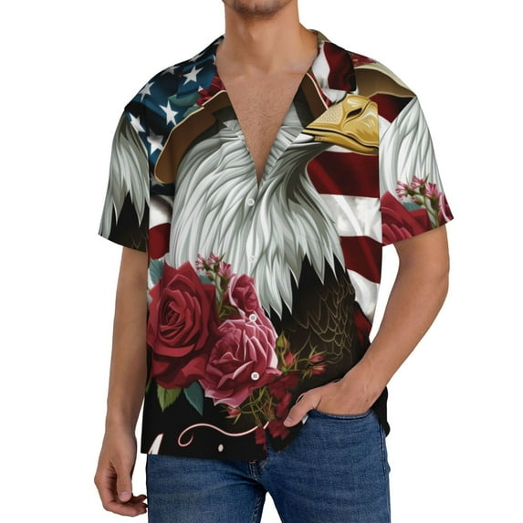 KLL Eagle With Hat And Roses Print Men's Shirt Short Sleeve Button Down Summer Cuba Beach Shirts- X-Large