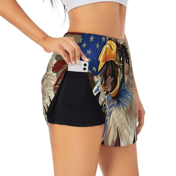 KLL Eagle With USA Flags Pattern Shorts Women,Athletic Shorts High Waisted Running Shorts Pocket Sporty Short Gym Elastic Workout Shorts-Small
