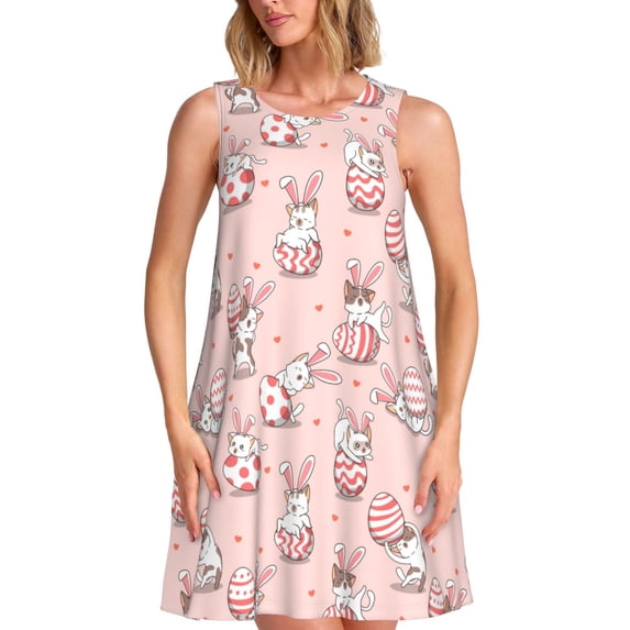 KLL Easter Rabbit Pattern Womens Summer Dresses 2025,Loose Round Neck Sleeveless Sundresses Tank Dresses with Pockets