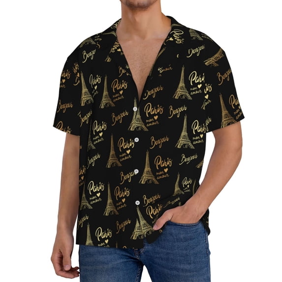 KLL Eiffel Tower Print Men's Shirt Short Sleeve Button Down Summer Cuba Beach Shirts- Medium
