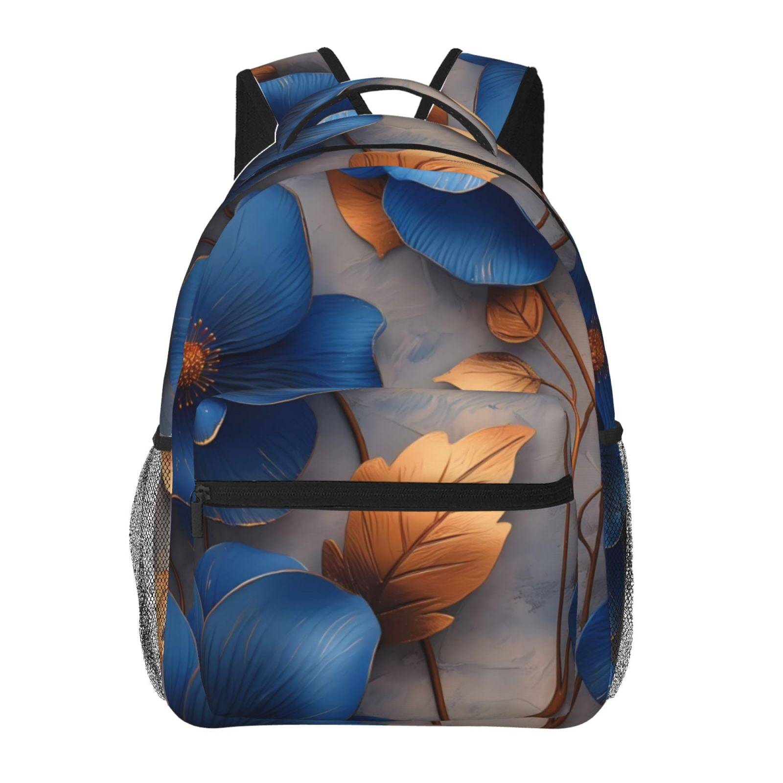 KLL Elegant Blue Gold Blooms Print Casual Backpack for Men 