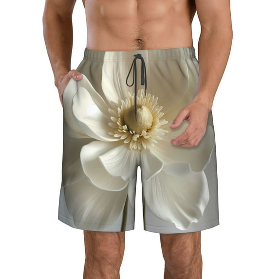KLL Elegant Ivory Flower Men's Casual Summer Beach Shorts Hawaiian Shorts with Pockets-Small