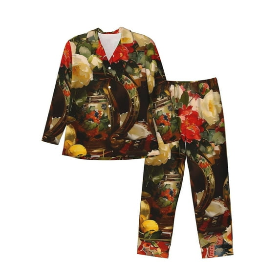 KLL Elegant Still Life Roses Sleepwear Mens Flannel Pajamas,Long Cotton Pj Set