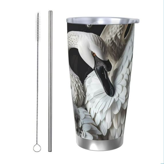 KLL Elegant Swans Black Background Print 40oz Stainless Steel Insulated Car Cup with Spillproof Lid - Keep Your Drink Hot or Cold on the Go-Straw Two-piece Set