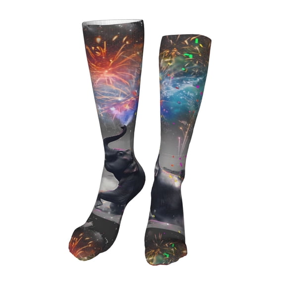 KLL Elephant Fireworks Celebration Print Cool Socks Men's Women's Crew Socks Funny Crazy Novelty Stockings