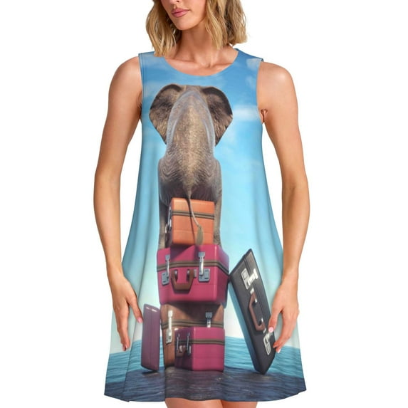 KLL Elephant Sits Pattern Womens Summer Dresses 2025,Loose Round Neck Sleeveless Sundresses Tank Dresses with Pockets