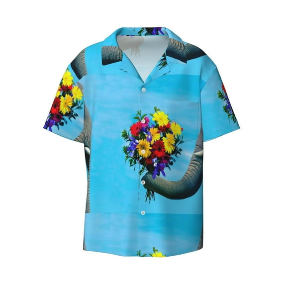 KLL Elephant Trunk Couple Flowers Print Men's Shirt Short Sleeve Button Down Summer Cuba Beach Shirts- 3X-Large