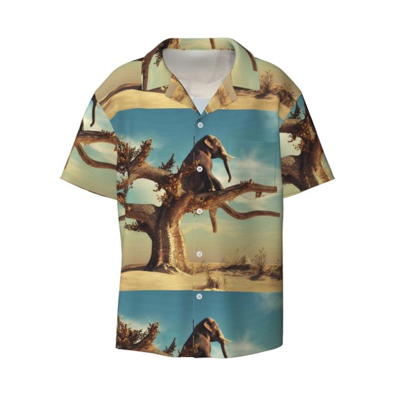 KLL Elephant on dry tree Print Men's Shirt Short Sleeve Button Down Summer Cuba Beach Shirts- Large