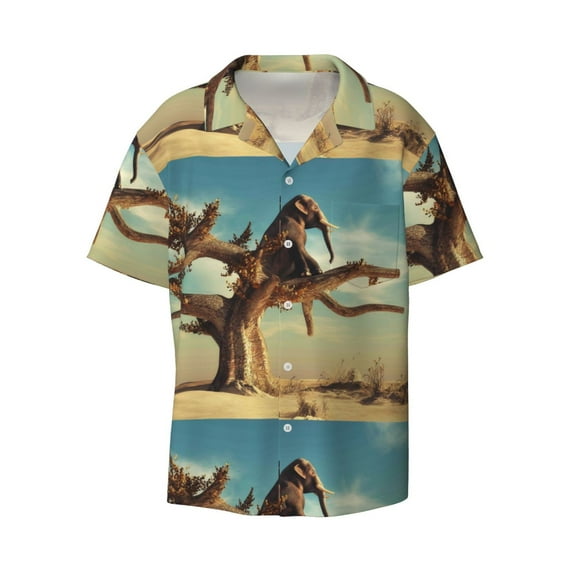 KLL Elephant on dry tree Print Men's Shirt Short Sleeve Button Down Summer Cuba Beach Shirts- X-Large