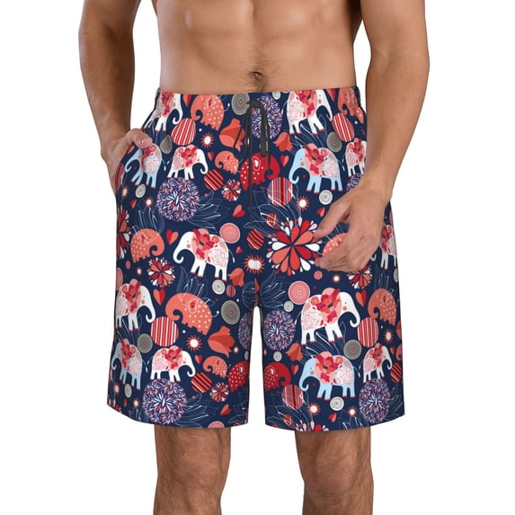 KLL Elephants Men's Casual Summer Beach Shorts Hawaiian Shorts with Pockets-Large