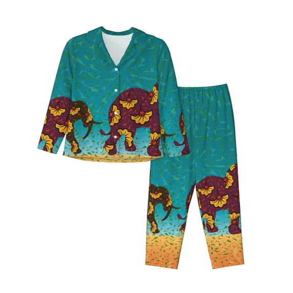 KLL Elephants Print Women's Long Sleeve Pajamas with Pants Sleepwear Loungewear 2 Set-Medium