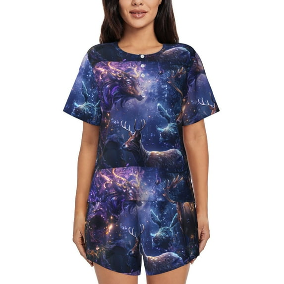 KLL Enchanted Forest Stag Gathering Print Pajama Set for Women Short Sleeve Sleepwear Pjs Soft 2 Piece Lounge Sleepwear Sets-Small
