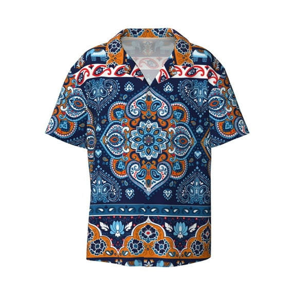 KLL Ethnic Mandala Print Men's Shirt Short Sleeve Button Down Summer Cuba Beach Shirts- Small