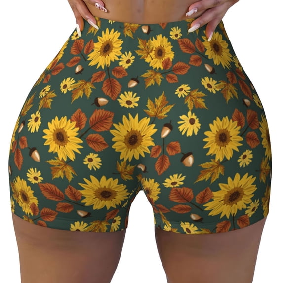KLL Fall Daisy Leaf Nuts Pattern Workout Shorts for Women Scrunch Short Gym Yoga Running Sport Active Exercise Fitness Shorts