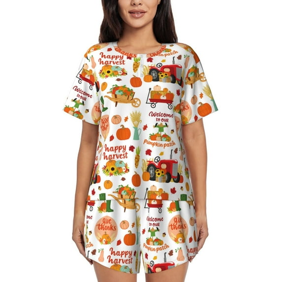 KLL Fall Farm Pumpkin Print Pajama Set for Women Short Sleeve Sleepwear Pjs Soft 2 Piece Lounge Sleepwear Sets-XX-Large