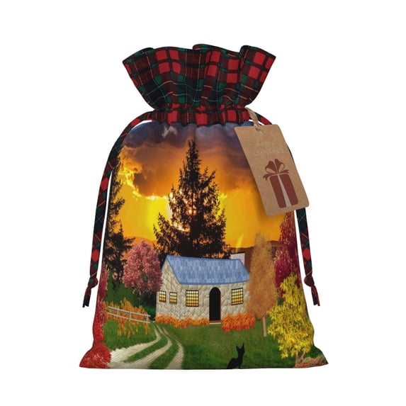 KLL Fall Village Scenery for Christmas Gift Bag,Christmas Burlap Goody Gift Bags with Plaid Drawstrings for Xmas Presents Holiday Party Favor Treats Candy-Black