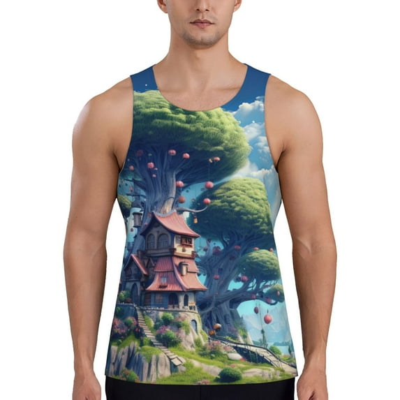KLL Fantasy Treehouse Planet Scene Print Men's Muscle Gym Workout Stringer Tank Tops Bodybuilding Fitness T-Shirts Tank Tops Men-3X-Large