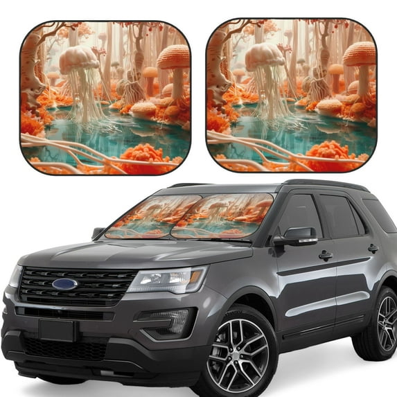 KLL Fantasy Underwater Jellyfish Windshield Sun Shade 2-Piece Foldable Car Front Window Sunshade for Most Sedans SUV Truck- Small