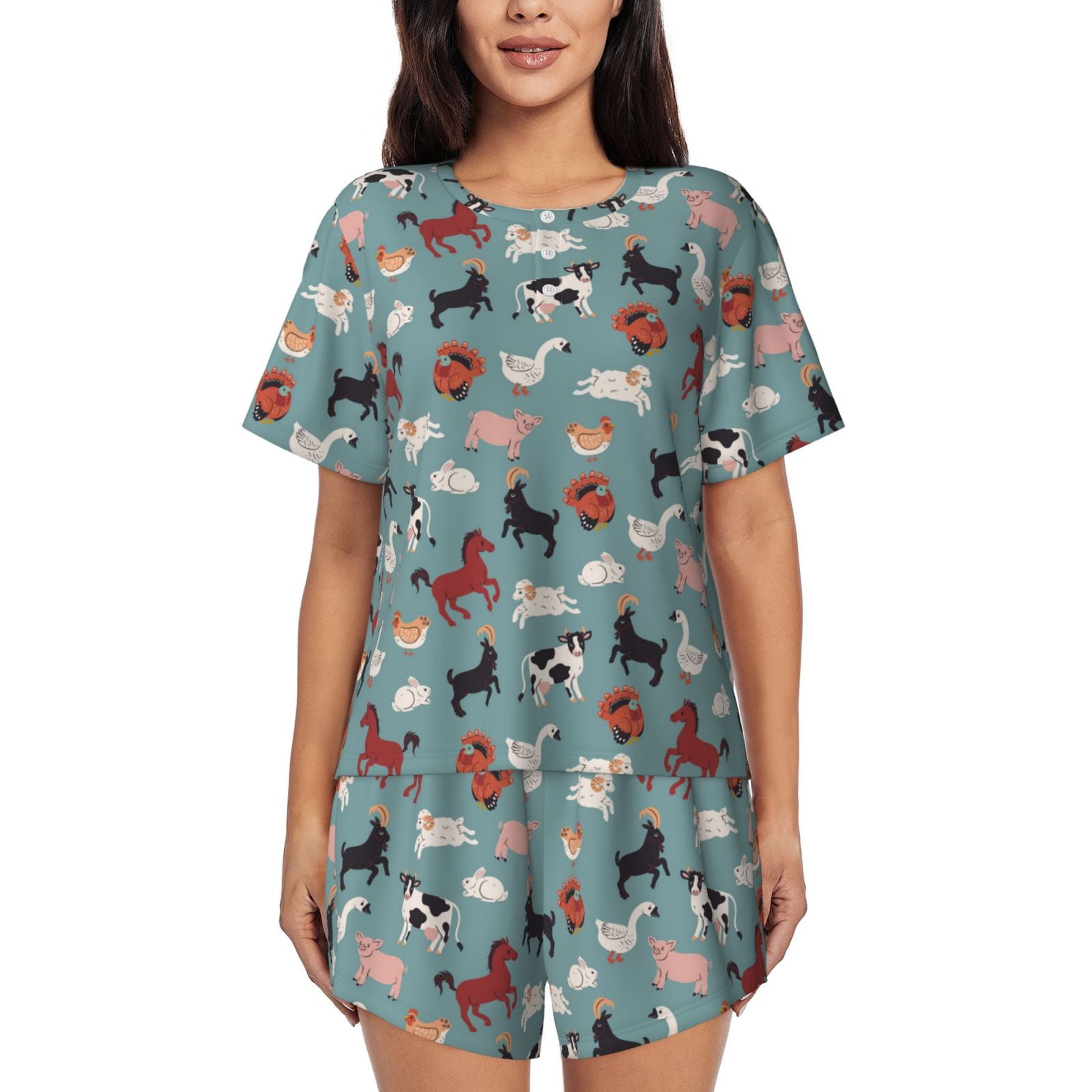 KLL Farm Animals 1 Print Pajama Set for Women Short Sleeve Sleepwear ...