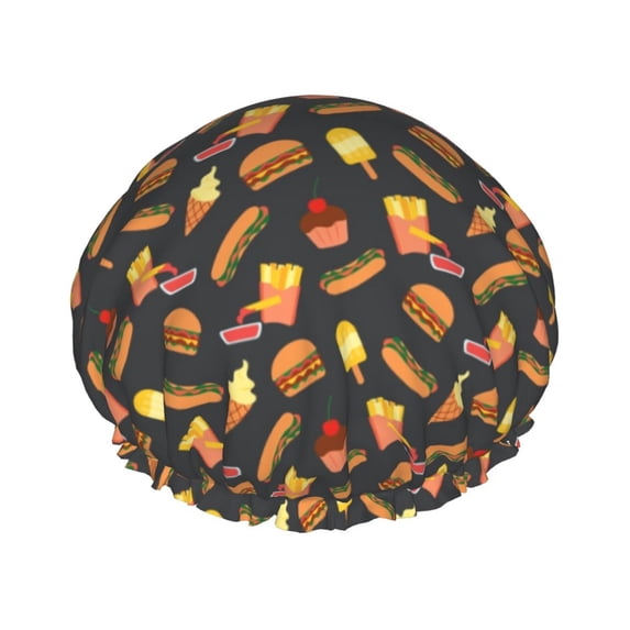 KLL Fast Food Pattern Shower Cap & Bath Cap for Women,Reversible Oversized Waterproof Shower Caps for all Hair Lengths,Elastic Reusable Bathing Hair Cap